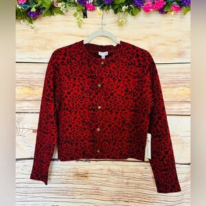 Orange Kiss Maroon Leopard Print Crew Neck Long Sleeve Cardigan Sweater L NWT